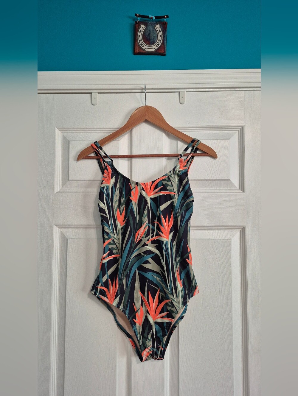 Women’s Tropical Print Bird Of Paradise One-Piece Swimsuit - Coral & Teal
